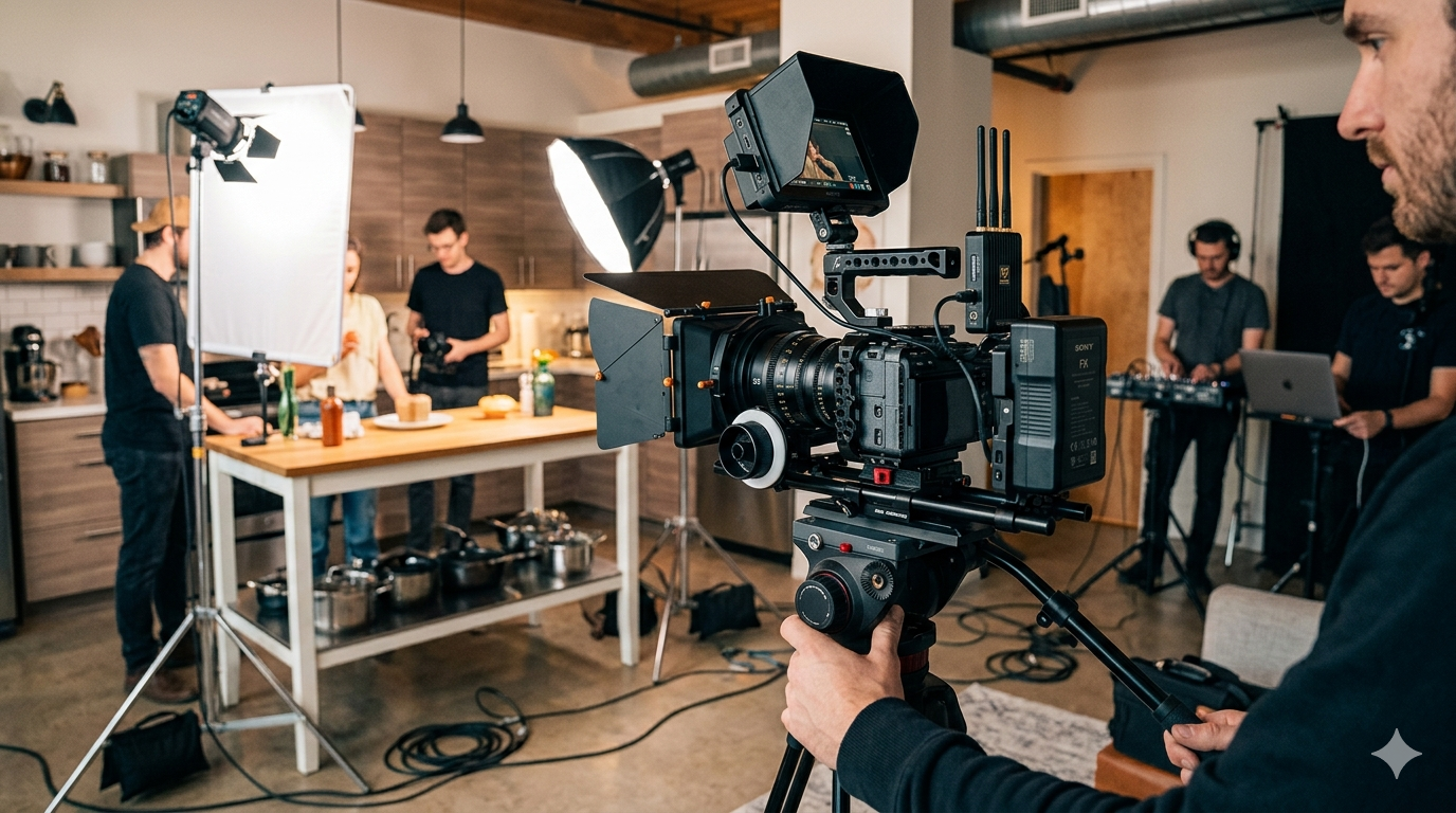 Film crew working in kitchen studio
