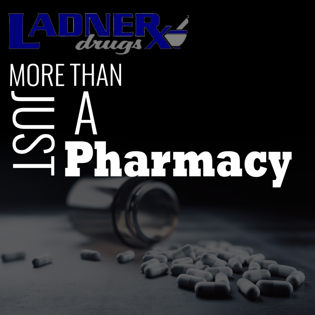 Pharmacy branding with pills displayed.